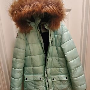 Justice teal puffer coat - girls size 18/20 EUC